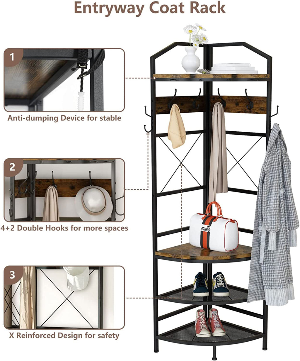 Corner Coat Rack Hall Tree with Shoe Bench Entryway Coat Rack with 6 Metal Hooks, Industrial Corner Shoe Racks Freestanding Corner Shelves Organizer Entryway Bench with Coat Rack & Storage