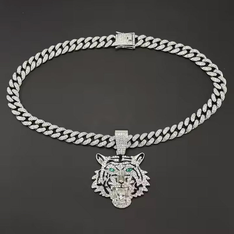 13mm Width Football Pendant Necklace,Hip Hop Green Eyes Tiger Head Pendant Necklace 3D Diamond Gold Zinc Alloy Stainless Steel Religious Zircon