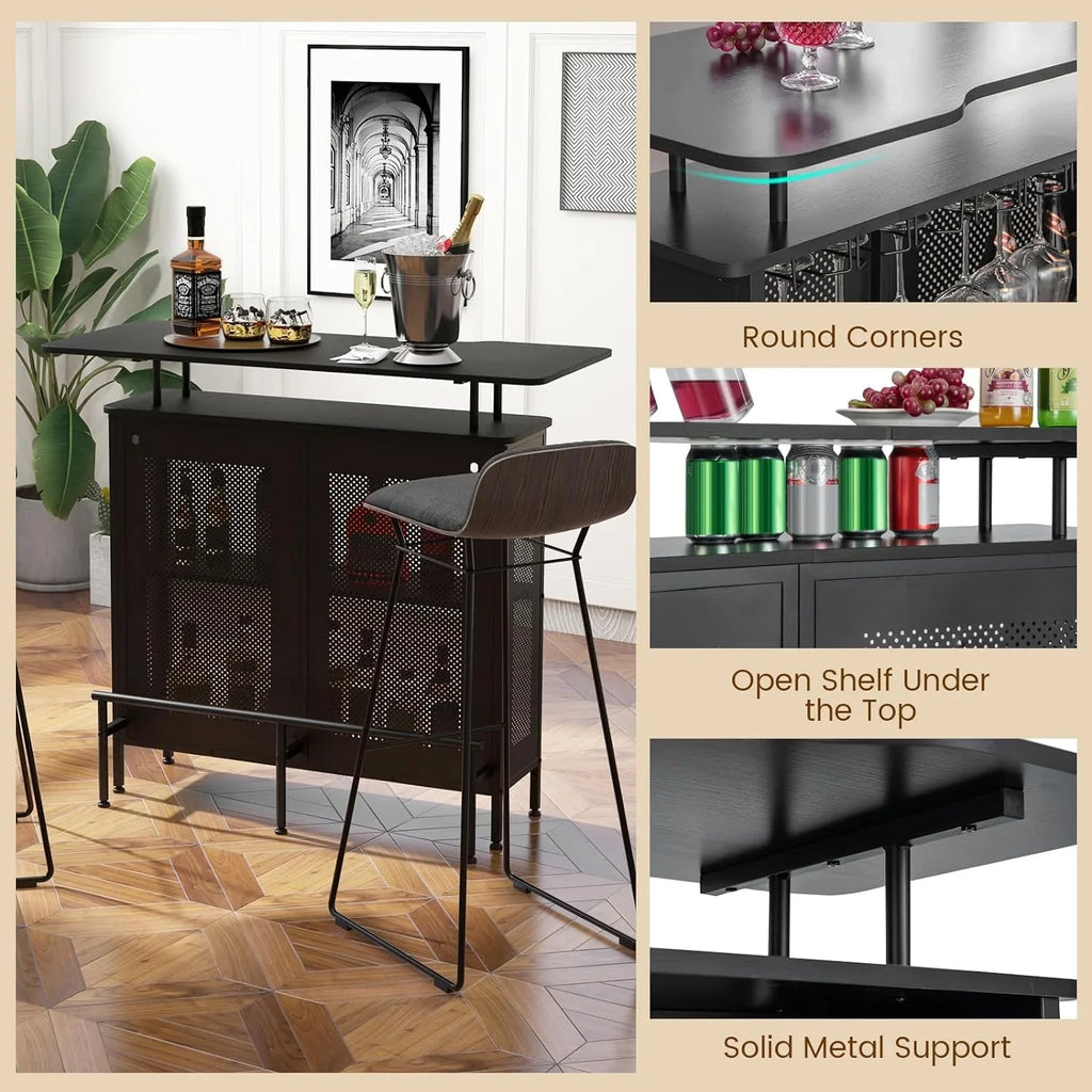 FJU 4-Tier Home Bar Unit, Home Bar Cabinet w/ 2 Wine Storage Shelves & 6 Stemware Holders, Metal Front & Footrest, 7 Adjustable Feet, Industrial Metal Wine Bar Table for Kitchen, Pub, Black