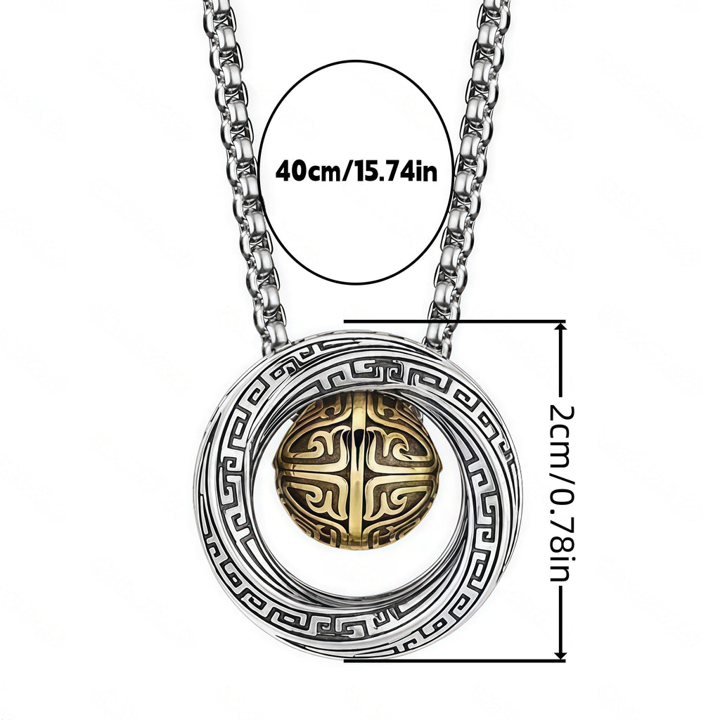 Two-Tone Chinese Retro Rotatable Round Bead Circle Pendant Necklace For Men, Copper Plated Silver Ancient Hui Pattern Vintage Ethnic Punk Jewelry Gift