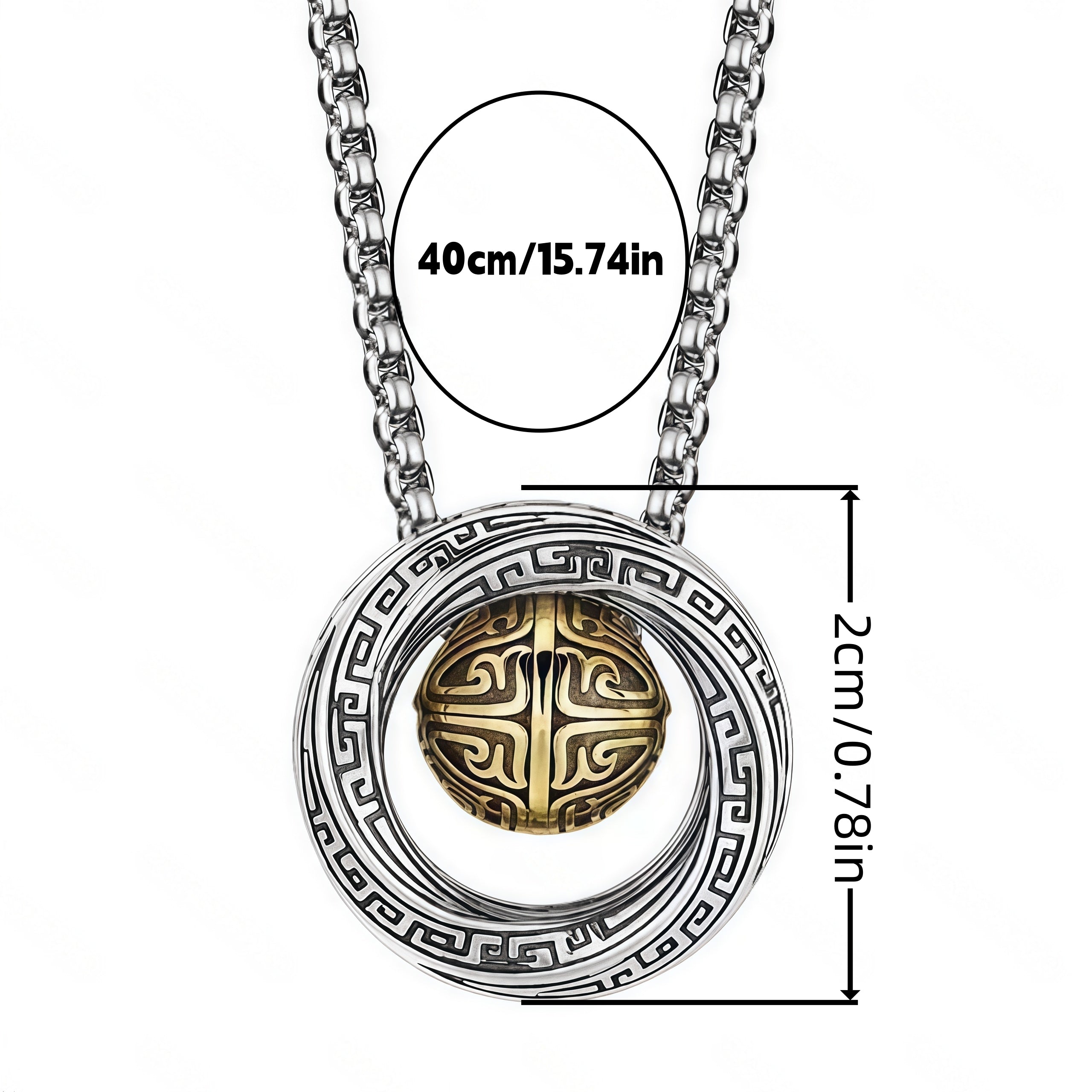 Two-Tone Chinese Retro Rotatable Round Bead Circle Pendant Necklace For Men, Copper Plated Silver Ancient Hui Pattern Vintage Ethnic Punk Jewelry Gift