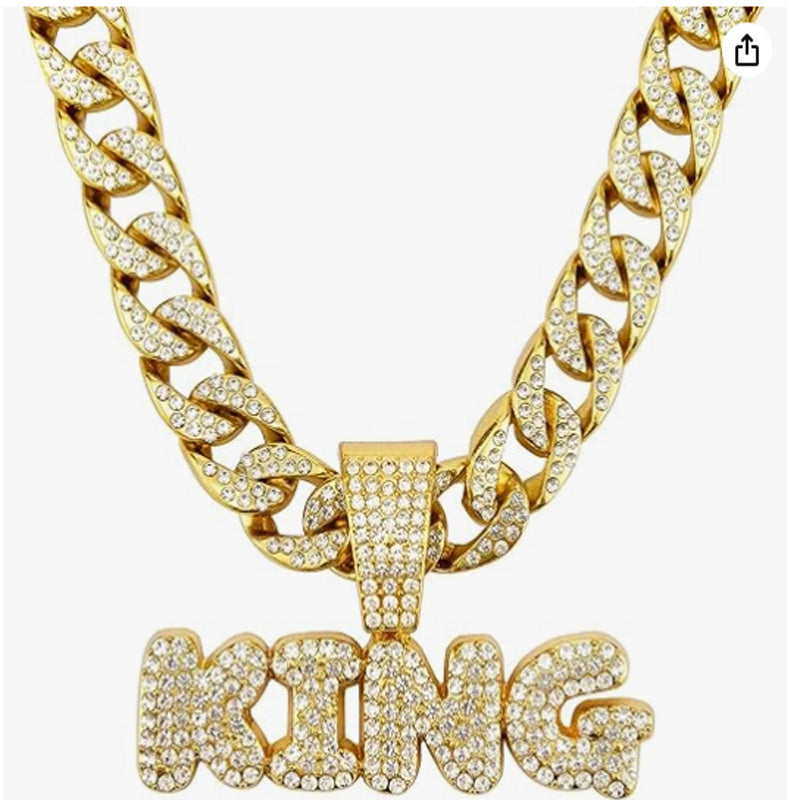 13mm Width Football Pendant Necklace,Full Diamond King Fashion Pendant Necklace, 3D Diamond Gold Zinc Alloy Stainless Steel Religious Zircon