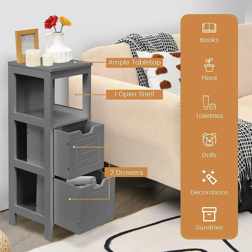 Bathroom Storage Cabinet, Freestanding Wooden Side Storage Cabinet with 2 Adjustable Drawers, Space-Saving Floor Cabinet for Living Room Bathroom Bedroom Entryway (Grey)