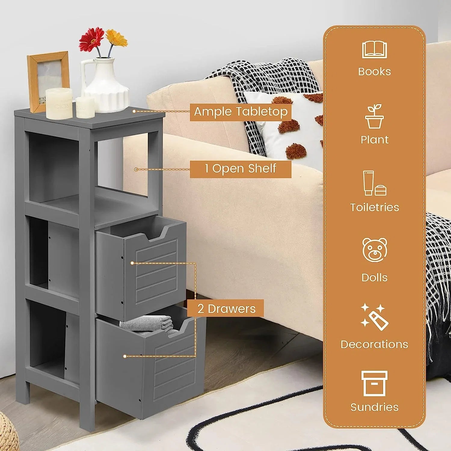Bathroom Storage Cabinet, Freestanding Wooden Side Storage Cabinet with 2 Adjustable Drawers, Space-Saving Floor Cabinet for Living Room Bathroom Bedroom Entryway (Grey)