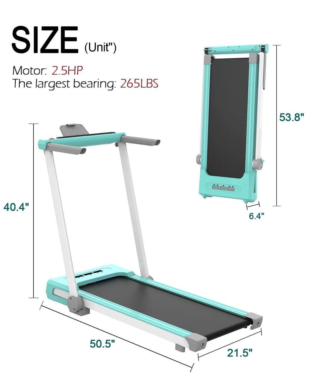 FYC 2 in 1 Under Desk Treadmill - 2.5HP 265LBS Capacity Foldable Folding Electric Running Walking Machine Easy Use and Store for Home and Office, Space Save, Easy Installation (Green)