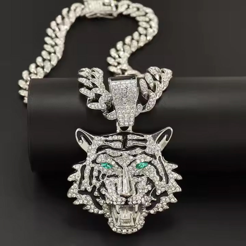 13mm Width Football Pendant Necklace,Hip Hop Green Eyes Tiger Head Pendant Necklace 3D Diamond Gold Zinc Alloy Stainless Steel Religious Zircon