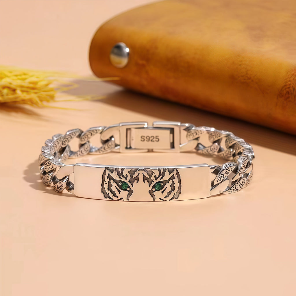 Vintage Engraved Tiger Head Curb Chain ID Bracelet For Men, Copper Plated Silver Inlaid Green CZ Eye Biker Punk Casual Wrist Jewelry Gift