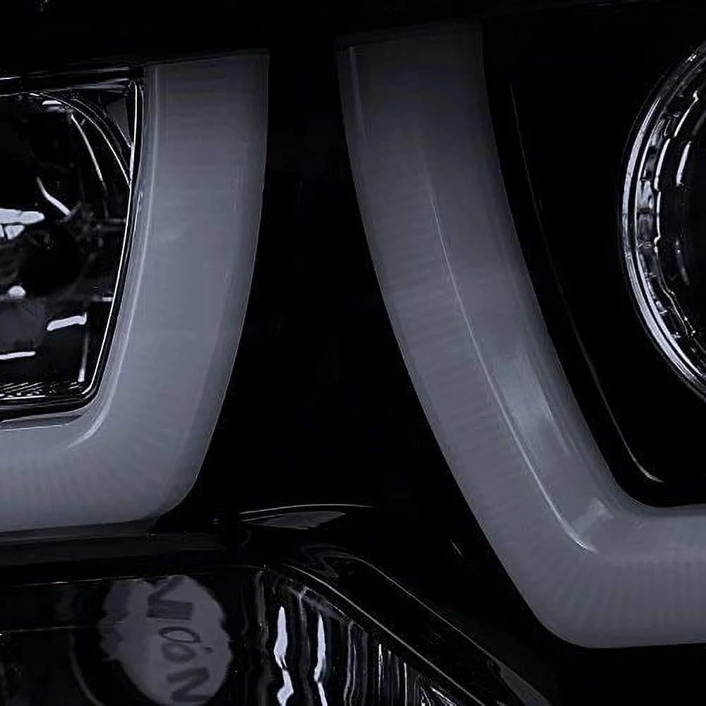 DRL LED Light Bar Strip Projector Headlight Head Lamp Replacement in Gloss Black Housing Smoke Lens Made For And Compatible With 2011 - 2014 Dodge Charger 11 12 13 14