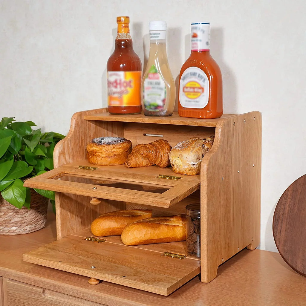 Bread Box, Solid Wood Oak Bread Box for Kitchen Countertop, Double Layer Bread Container for Bread Storage, Large Capacity Breadbox with Clear Window, Nature