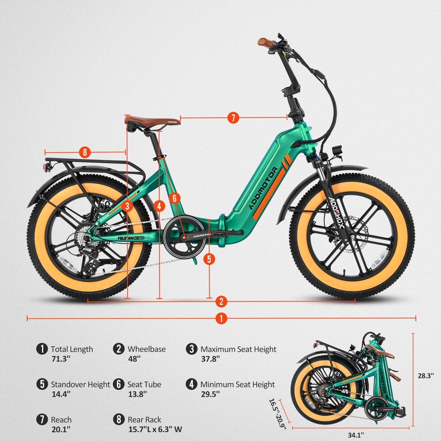 Addmotor Electric Bike for Adults, 750W Folding Electric Bike, 20'' Step-Thru Strong Frame Fat Tire M-160 Electric Bicycle 100 Mi Long Range Foldable Ebike W/Torque Sensor & Hydraulic Brakes,Sky Blue