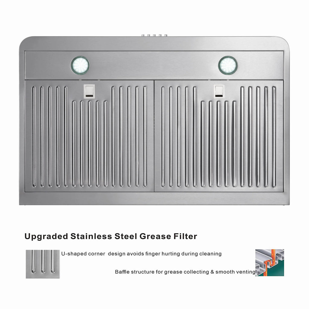 30 Inch Under Cabinet Range Hood Kitchen Stove Vent Hood, Ducted Built in Range Hood Stainless Steel, 400 CFM with Permanent Stainless Steel Filters