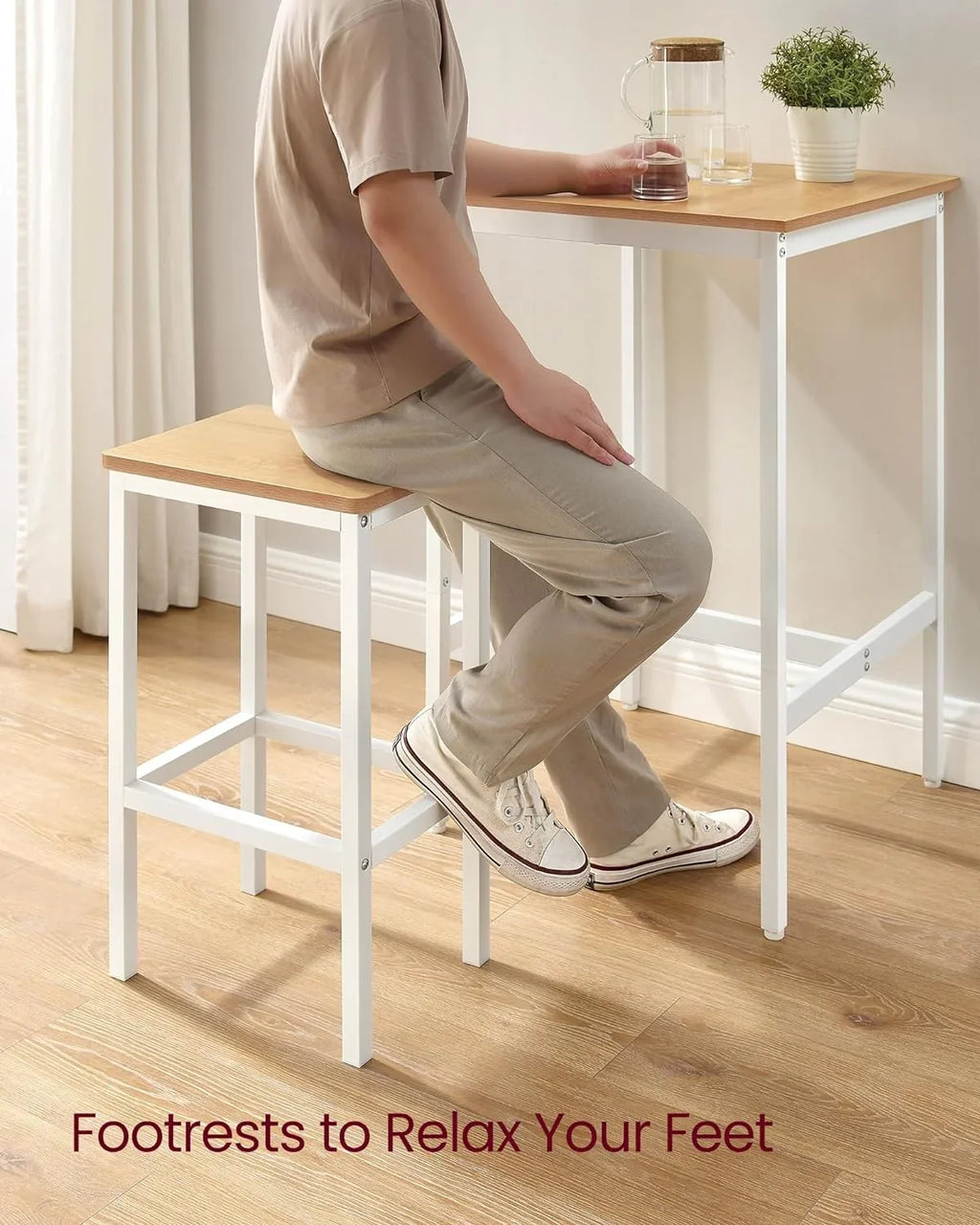 Bar Table and Chairs Set, Square Bar Table with 2 Bar Stools, Dining Pub Bar Table Set for 2, Space Saving for Kitchen Breakfast, Living Room, Party Room, Golden Oak and Cloud White