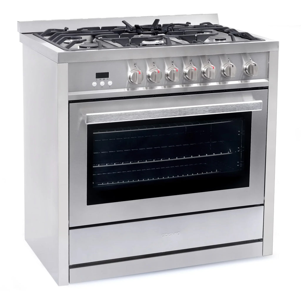 Cosmo 4 Piece Kitchen Appliance Package with 36" Freestanding Gas Range 36" Under Cabinet Range Hood 24" Built-in Integrated Dishwasher & French Door Refrigerator Kitchen Appliance Bundles