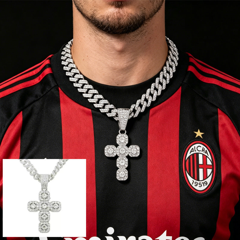 13mm Width Football Pendant Necklace,Full Diamond Cross Pendant Necklace, 3D Diamond Gold Zinc Alloy Stainless Steel Religious Zircon