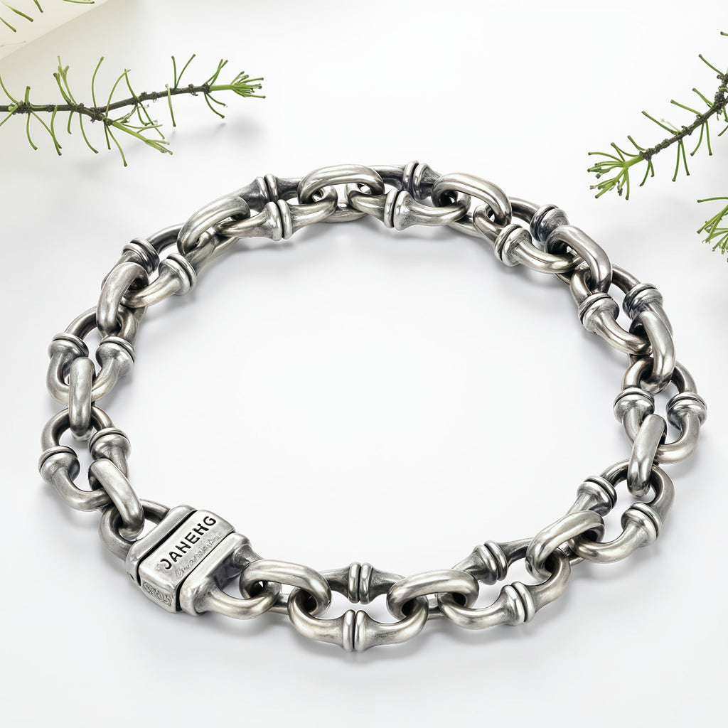 Vintage Horseshoe Link Heavy Chain Bracelet For Men, Copper Plated Silver Engraved  Push Lock Biker Punk Thick Wrist Jewelry Gift