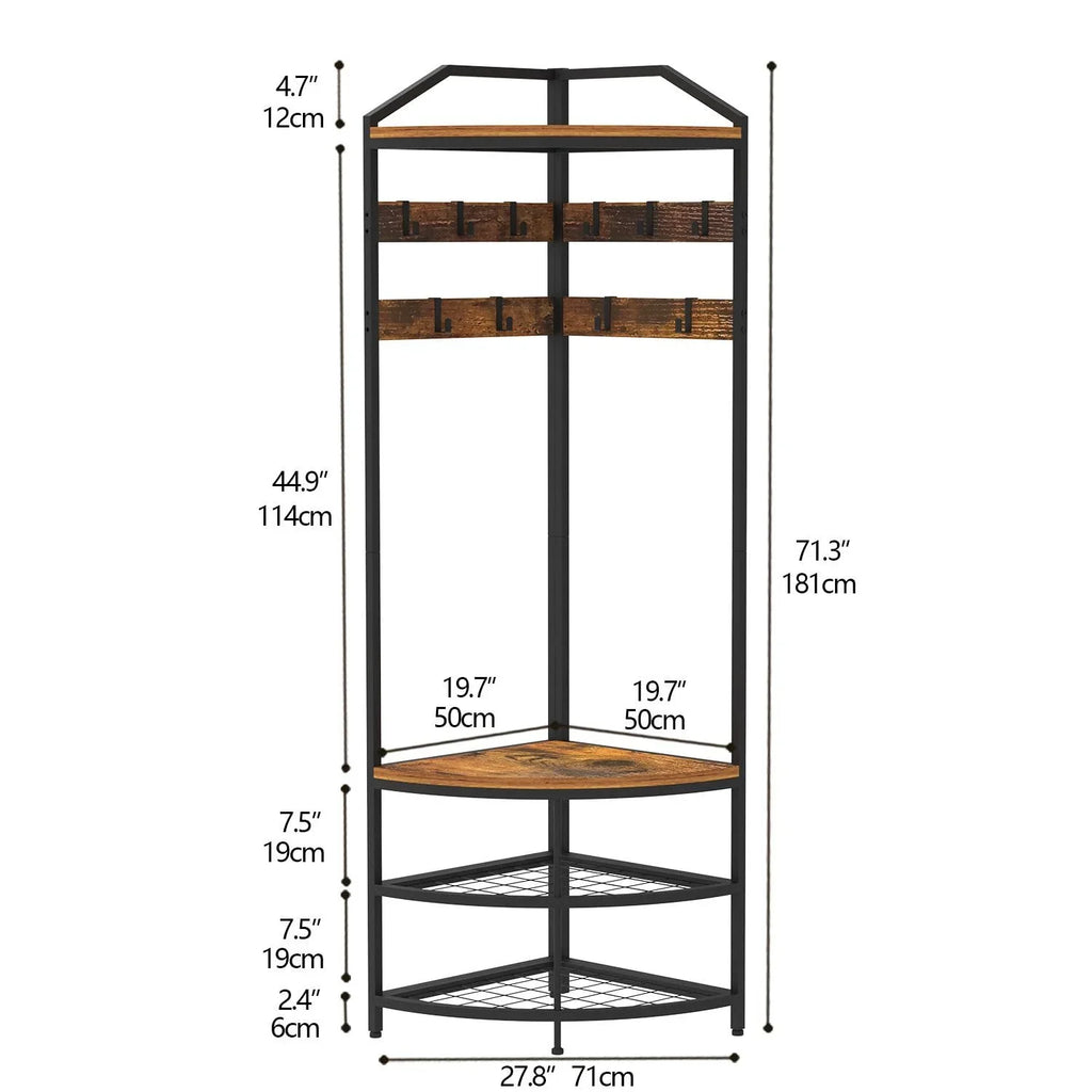 Corner Hall Tree with Shoe Bench Entryway Coat Rack with 10 Metal Movable Hooks Freestanding Clothes Rack Shoes Shelf Organizer for Home Office Bedroom (Rustic Brown)