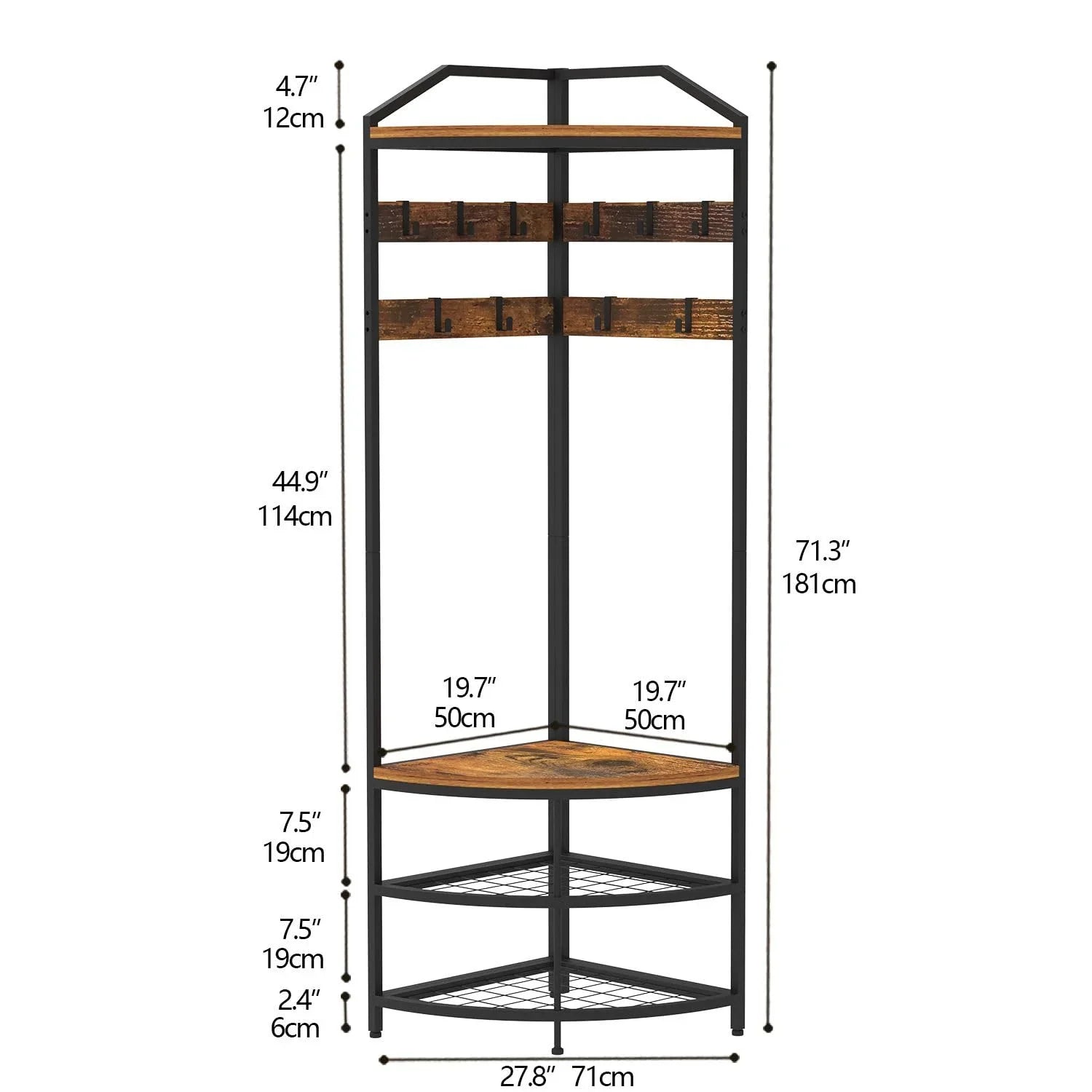 Corner Hall Tree with Shoe Bench Entryway Coat Rack with 10 Metal Movable Hooks Freestanding Clothes Rack Shoes Shelf Organizer for Home Office Bedroom (Rustic Brown)