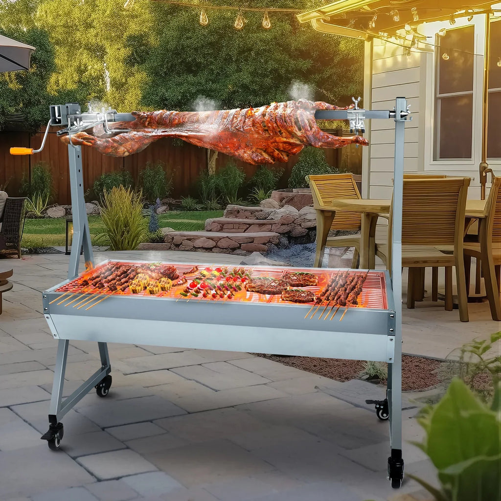Rocita Rotisserie Grill Roaster, 132lbs Charcoal Grill Outdoor BBQ Grill Pig Lamb Spit Roaster with 25W Motor and Hand Crank