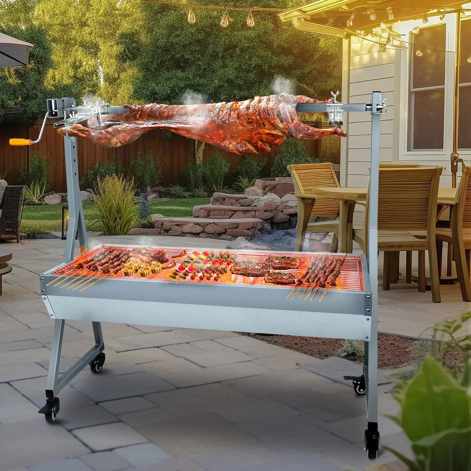 Rocita Rotisserie Grill Roaster, 132lbs Charcoal Grill Outdoor BBQ Grill Pig Lamb Spit Roaster with 25W Motor and Hand Crank