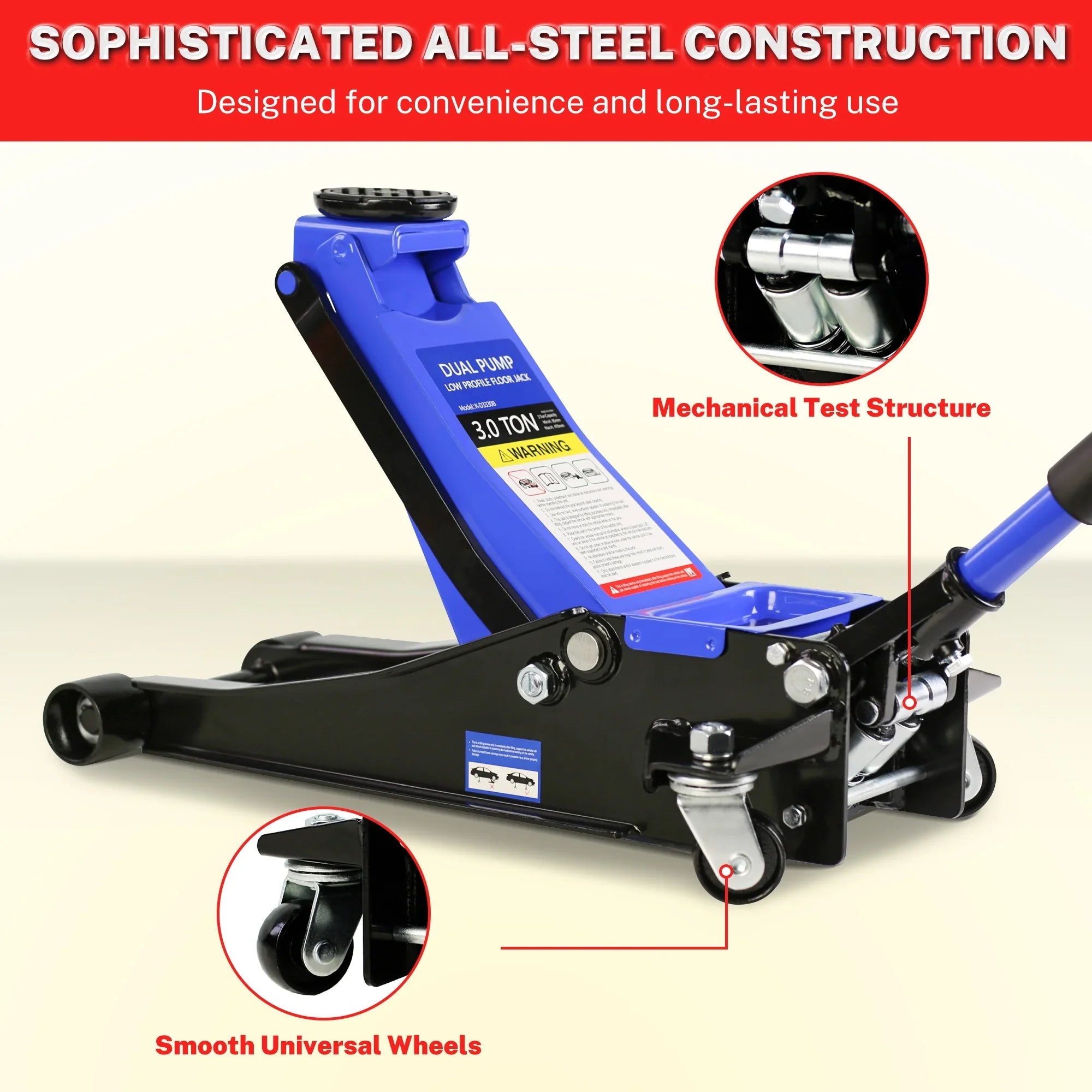 Seizeen Low Profile Floor Jack, 3 Ton(6600 lbs) Trolley Jack Dual Lift Pump, Quick Lift 3.3''-19.7'', Heavy-Duty Steel Jack with 52''L Extended Handle, Car Jack w/Wheels, Rubber Saddle