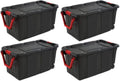 HUHAN 14699002 40 Gallon/151 Liter Wheeled Industrial Tote, Black Lid & Base w/Racer Red Handle & Latches, 4-Pack