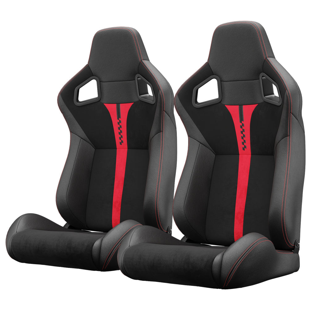 Zateety 2PC New Universal Bucket Racing Seats Red Stitch Red PVC Leather Reclinable Carbon Look Leather Back With Adjustor Slider(Not Including Seat Bracket ) 1 box of 2 pieces