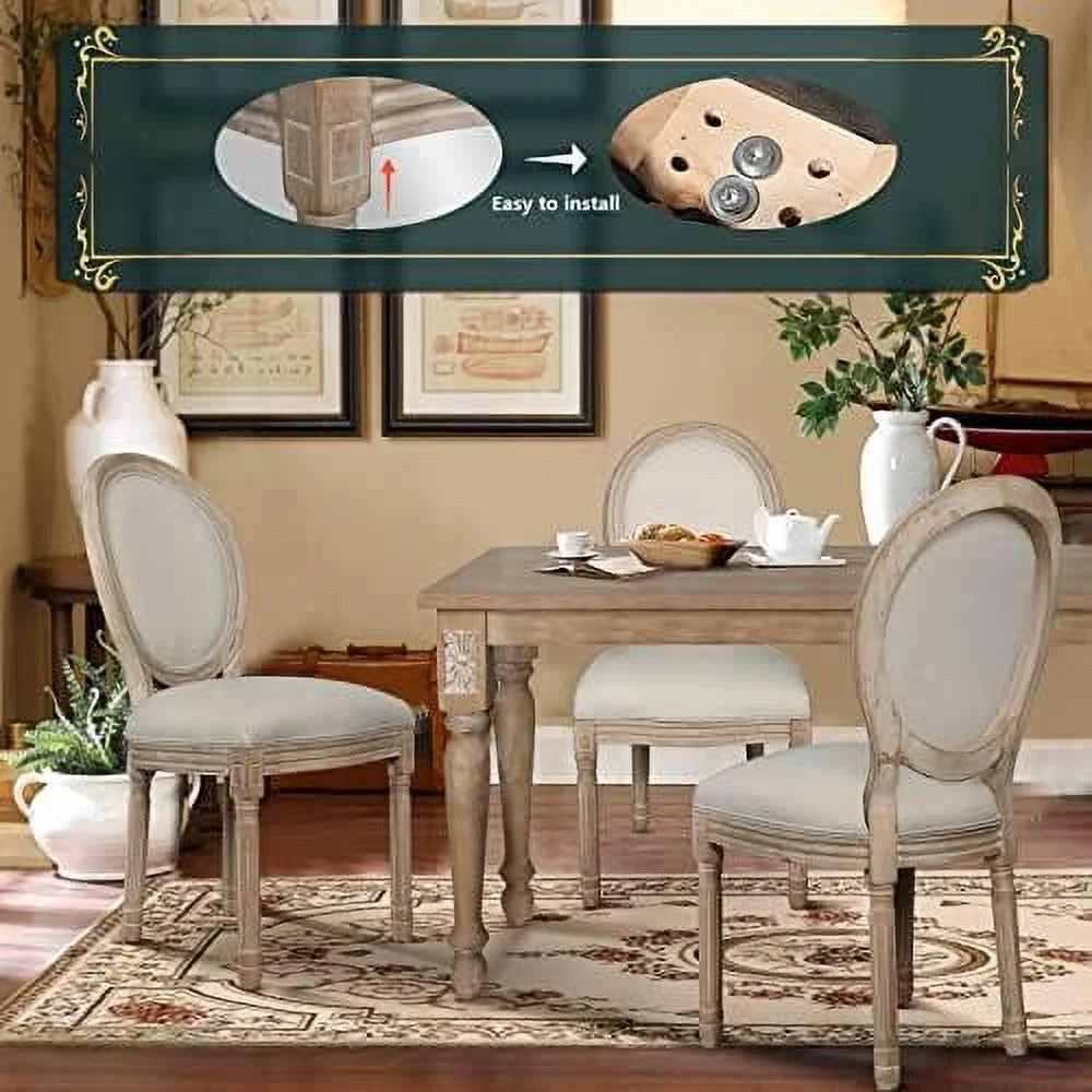 MQLIFEBOOM French Dining Chair Linen Fabric Upholstered Farmhouse Dining Chairs with Oval Backrest Vintage Solid Wood Dining Chairs for Kitchen Restaurant Dining Room