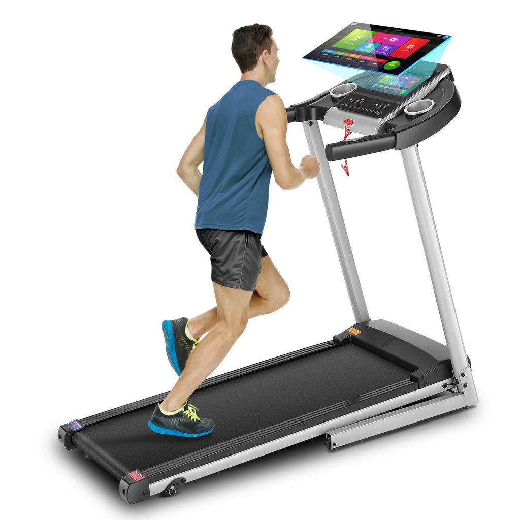 Home Treadmill--Treadmill with 10" HD TV Movie Touchscreen and 3D Virtual Sports Scene, Folding Treadmill with WiFi Connection, Speaker, Wide Belt, Youtube（Silver）