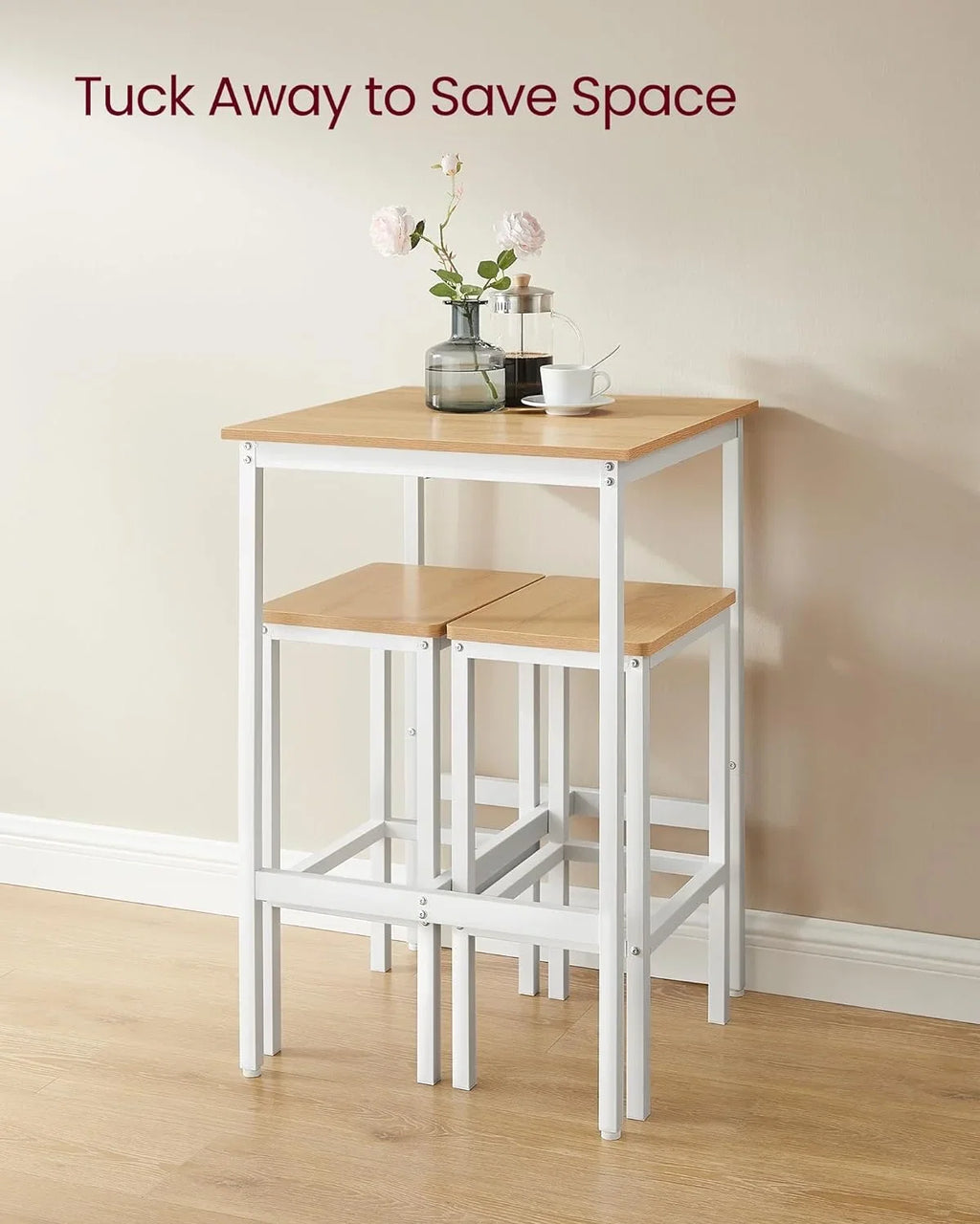 Bar Table and Chairs Set, Square Bar Table with 2 Bar Stools, Dining Pub Bar Table Set for 2, Space Saving for Kitchen Breakfast, Living Room, Party Room, Golden Oak and Cloud White