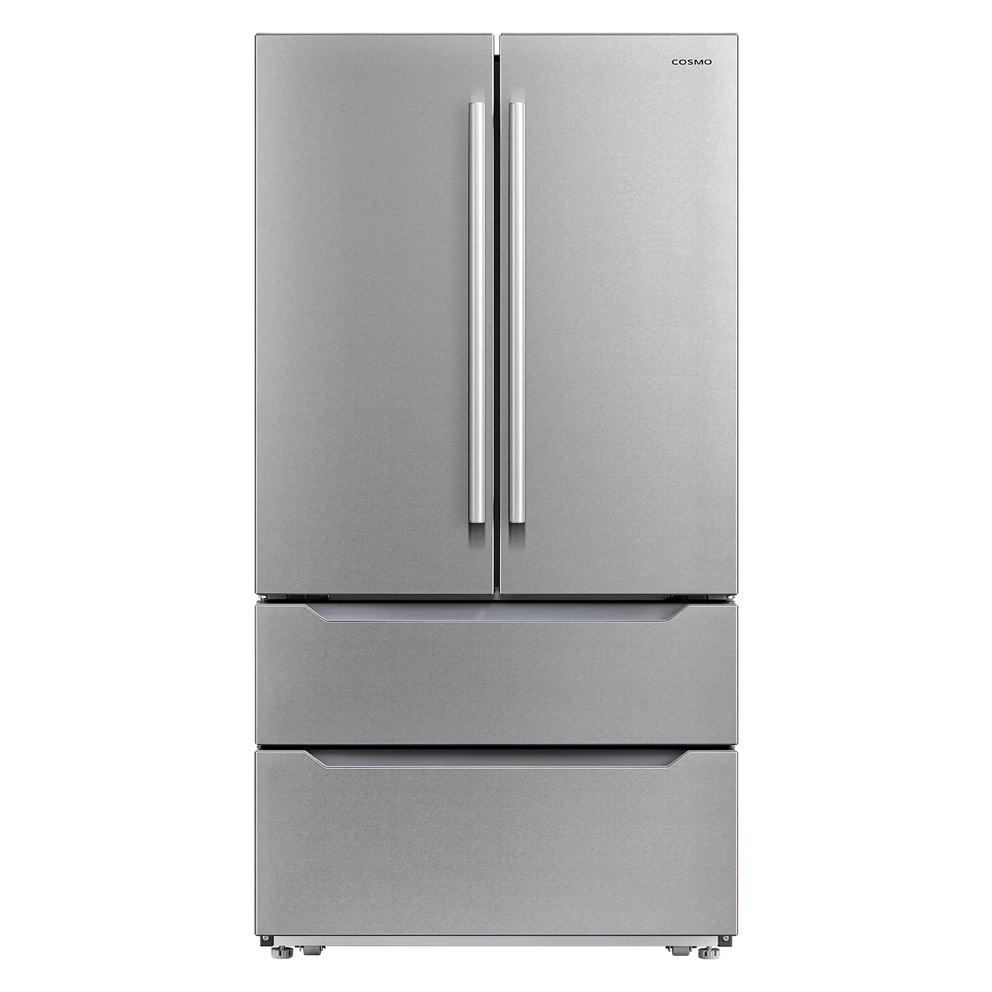 Cosmo 4 Piece Kitchen Appliance Package with 30" Freestanding Gas Range 30" Wall Mount Range Hood 24" Built-in Integrated Dishwasher & French Door Refrigerator Kitchen Appliance Bundles