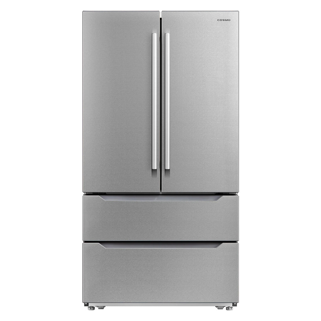 Cosmo 4 Piece Kitchen Appliance Package with 36" Freestanding Gas Range 36" Under Cabinet Range Hood 24" Built-in Integrated Dishwasher & French Door Refrigerator Kitchen Appliance Bundles