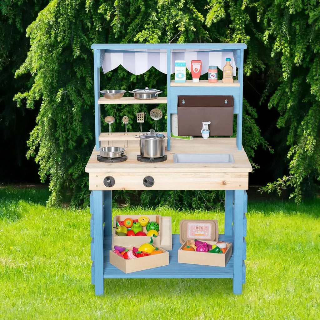 Brinjoy Kids Kitchen Playset, Double-Sided Wooden Outdoor Mud Kitchen w/Realistic Faucet, Removable Sink, Cooking Toys, Menu, Toddler Pretend Play Kitchen, Backyard Mud Table, Gift for Boys Girls