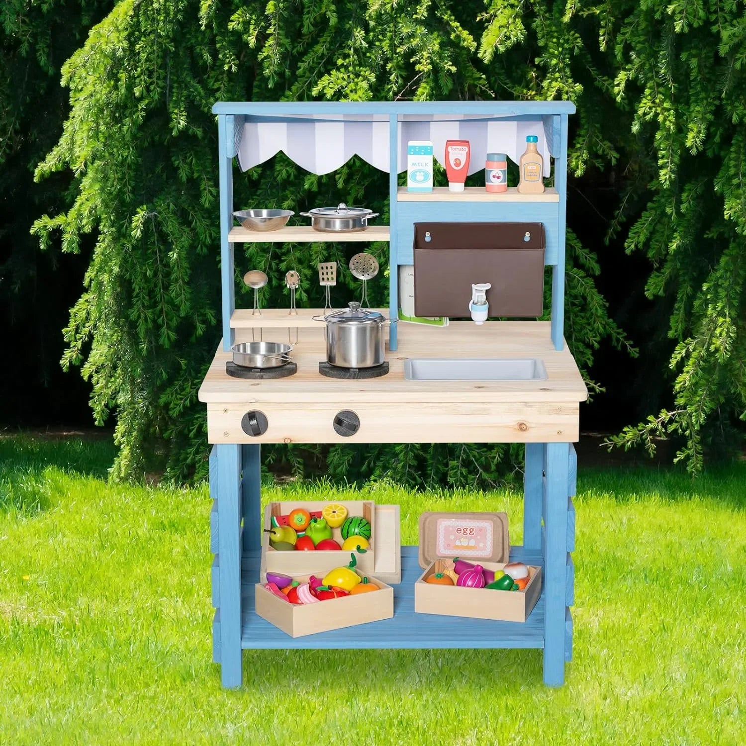 Brinjoy Kids Kitchen Playset, Double-Sided Wooden Outdoor Mud Kitchen w/Realistic Faucet, Removable Sink, Cooking Toys, Menu, Toddler Pretend Play Kitchen, Backyard Mud Table, Gift for Boys Girls