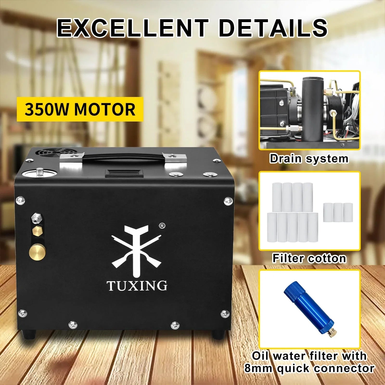 TUXING 4500Psi PCP Air Compressor,Auto-Stop,Oil/Water-Free, High Pressure Air Compressor for Paintball Tank Pump with Water/Oil Separator,Built-in Power Adapter(110V AC or 12V Car Battery)