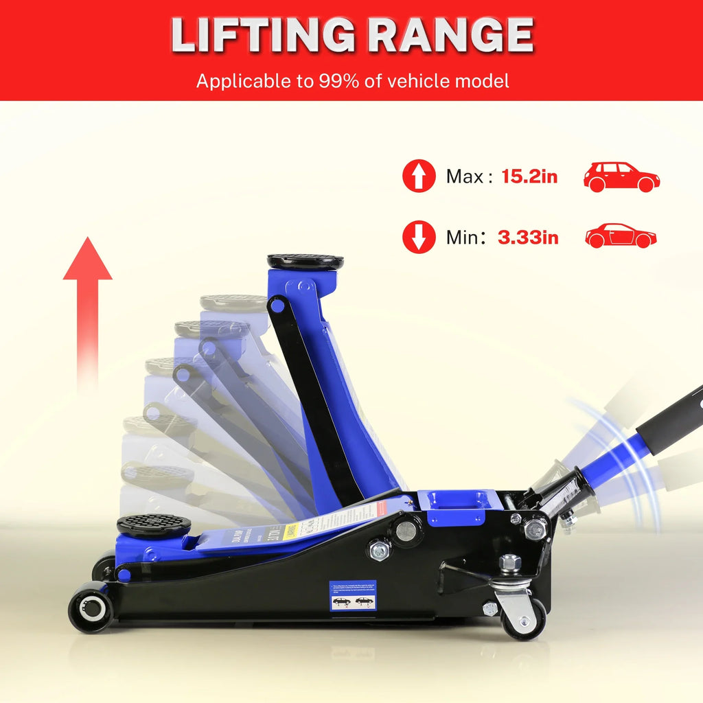 Seizeen Low Profile Floor Jack, 3 Ton(6600 lbs) Trolley Jack Dual Lift Pump, Quick Lift 3.3''-19.7'', Heavy-Duty Steel Jack with 52''L Extended Handle, Car Jack w/Wheels, Rubber Saddle