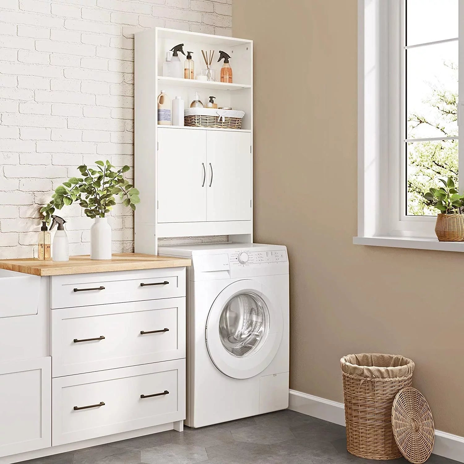 Over The Toilet Storage, Taller Bathroom Organizer Space-Saving Storage Cabinet with Adjustable Shelves and Double Doors, 77 in H, Espresso