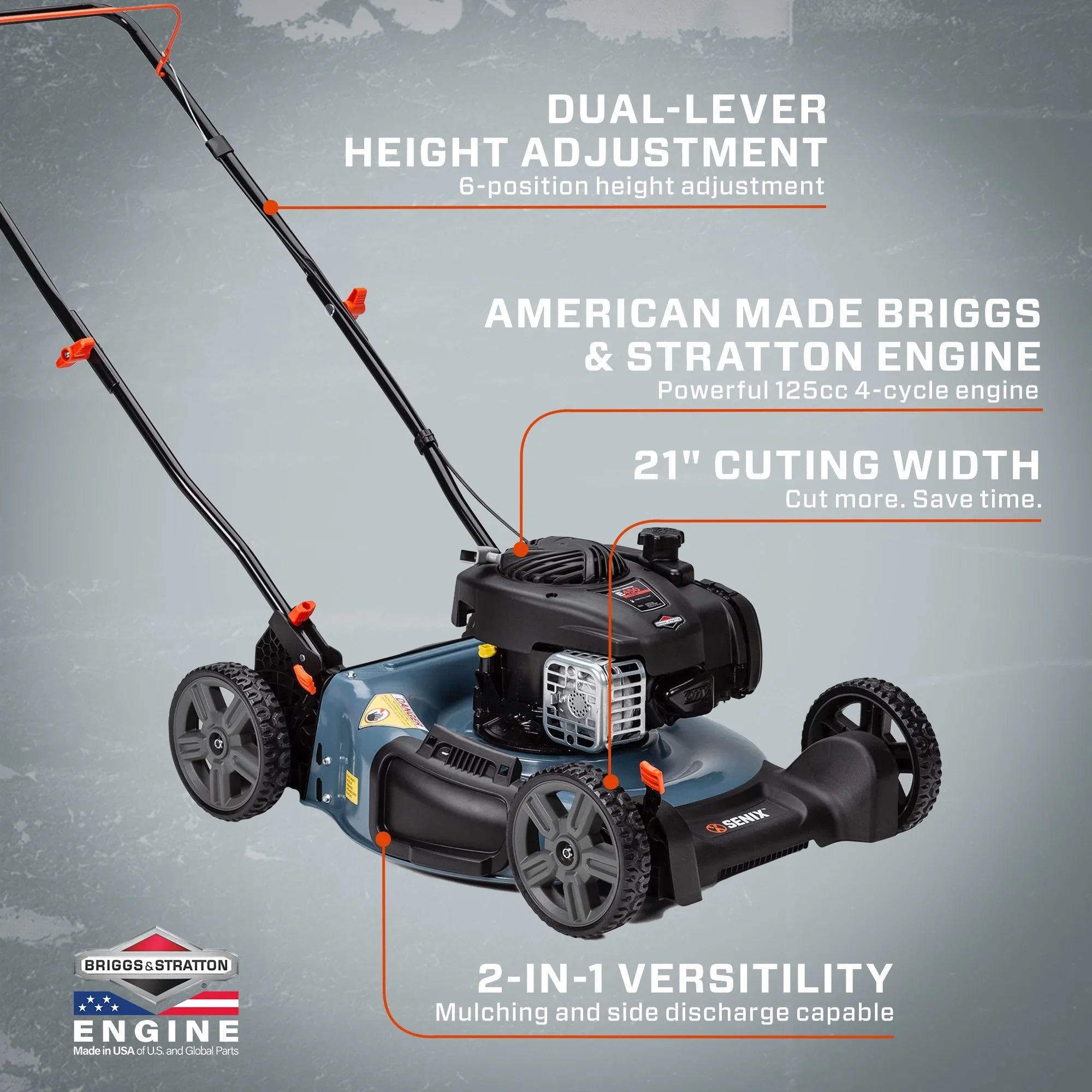 SENIX 21-Inch Push Lawn Mower, 125 cc 4-Cycle Gas Powered, Mulch & Side Discharge, Dual Lever Height Adjustment, LSPG-M3
