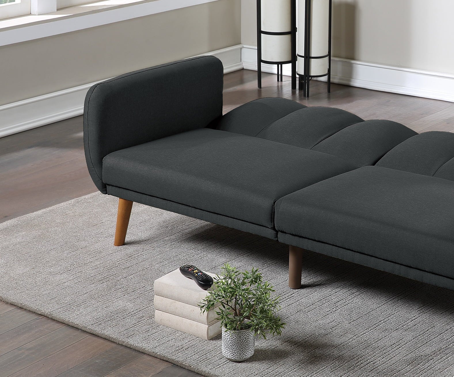 Dcenta Elegant Modern Sofa Black Polyfiber 1pc Sofa Convertible Bed Wooden Legs Living Room Guest Furniture