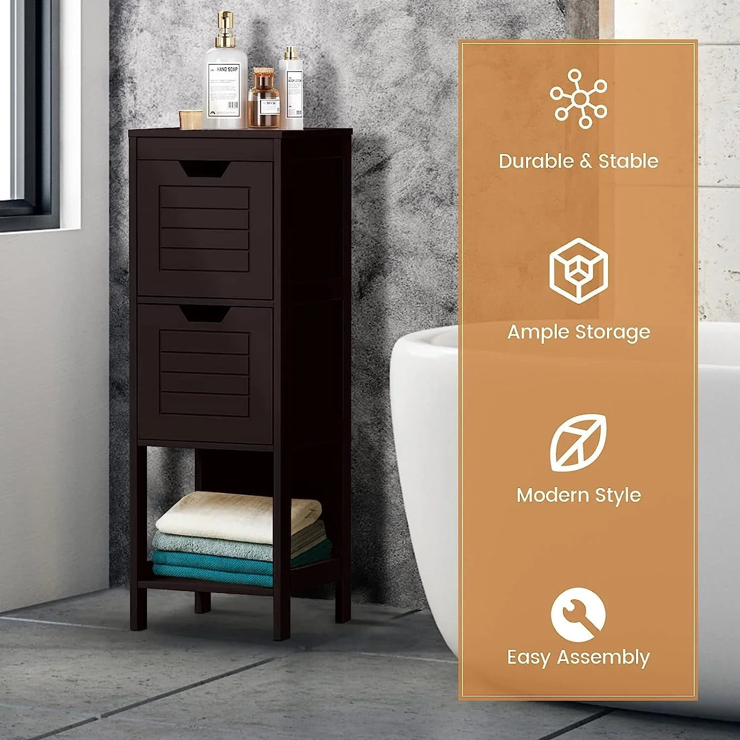 Bathroom Storage Cabinet, Freestanding Wooden Side Storage Cabinet with 2 Adjustable Drawers, Space-Saving Floor Cabinet for Living Room Bathroom Bedroom Entryway (Grey)