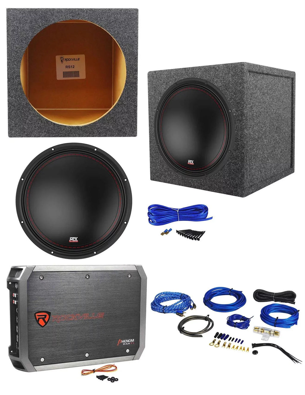 MTX 3512-04 12" 500w Subwoofer+Sealed Sub Box Enclosure+Amplifier+Amp Wire Kit