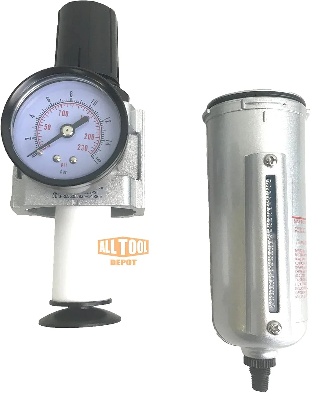 NPT HEAVY DUTY Compressed Air In Line Filter Regulator Combo Piggyback, Metal Bowl, 5 Micron , Adjustable From 7 to 175 PSI (AUTO DRAIN)