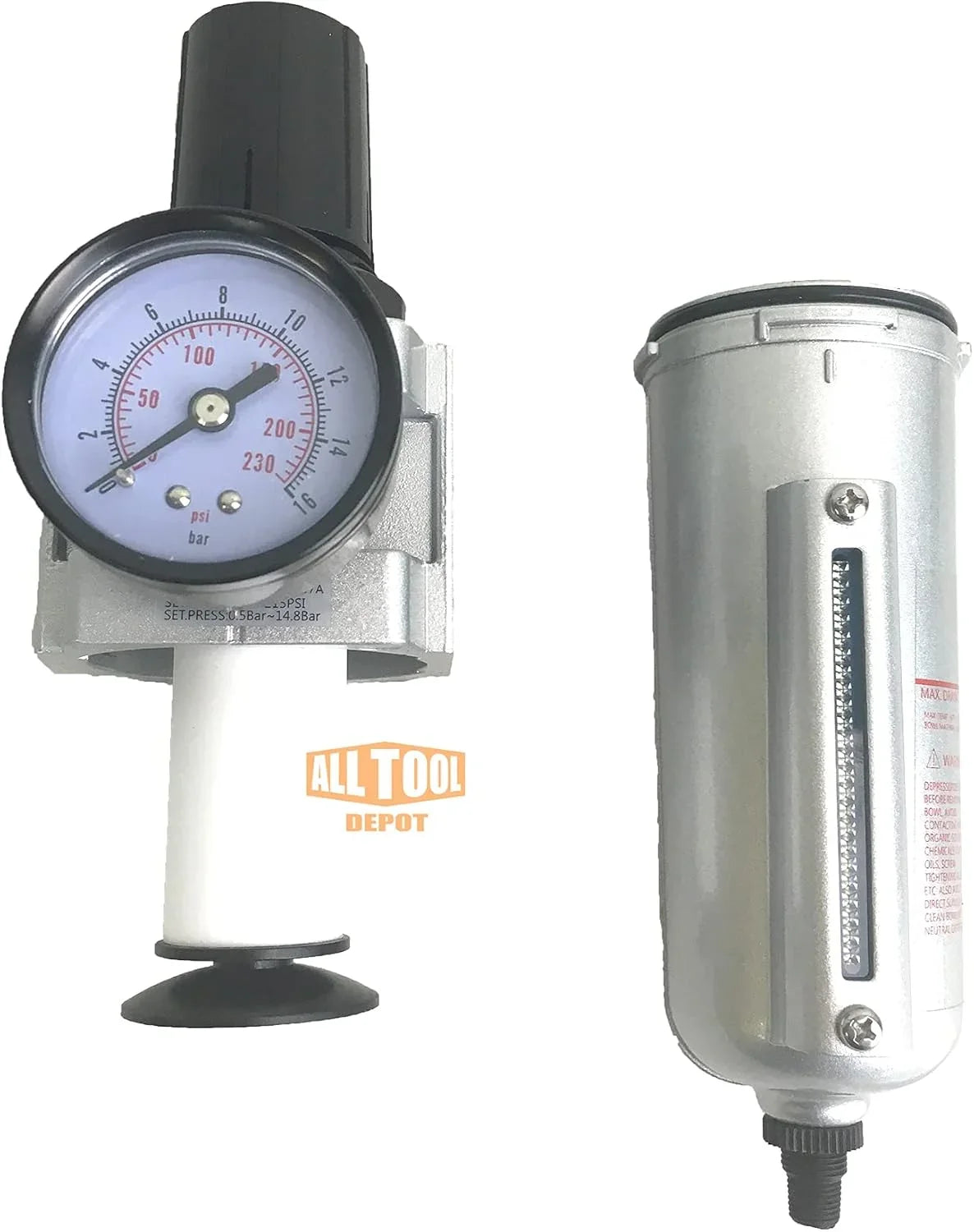 NPT HEAVY DUTY Compressed Air In Line Filter Regulator Combo Piggyback, Metal Bowl, 5 Micron , Adjustable From 7 to 175 PSI (AUTO DRAIN)