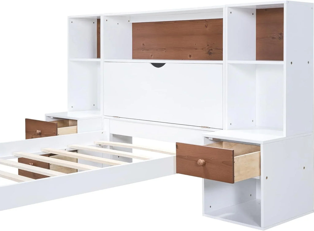 Twin Size Platform Bed with Storage Headboard and Drawers, Wooden Storage Bed Frame for Bedroom, Dorm, Bedroom Furniture