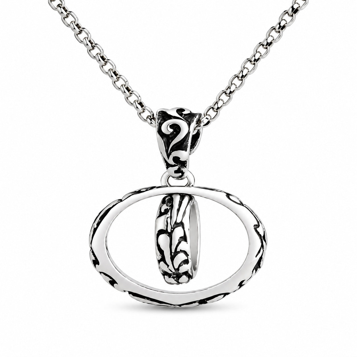 Vintage Scroll Engraved Interlocking Oval Double Ring Pendant Necklace For Men, Copper Plated Silver Antique Black Two-Tone Punk Biker Jewelry Gift