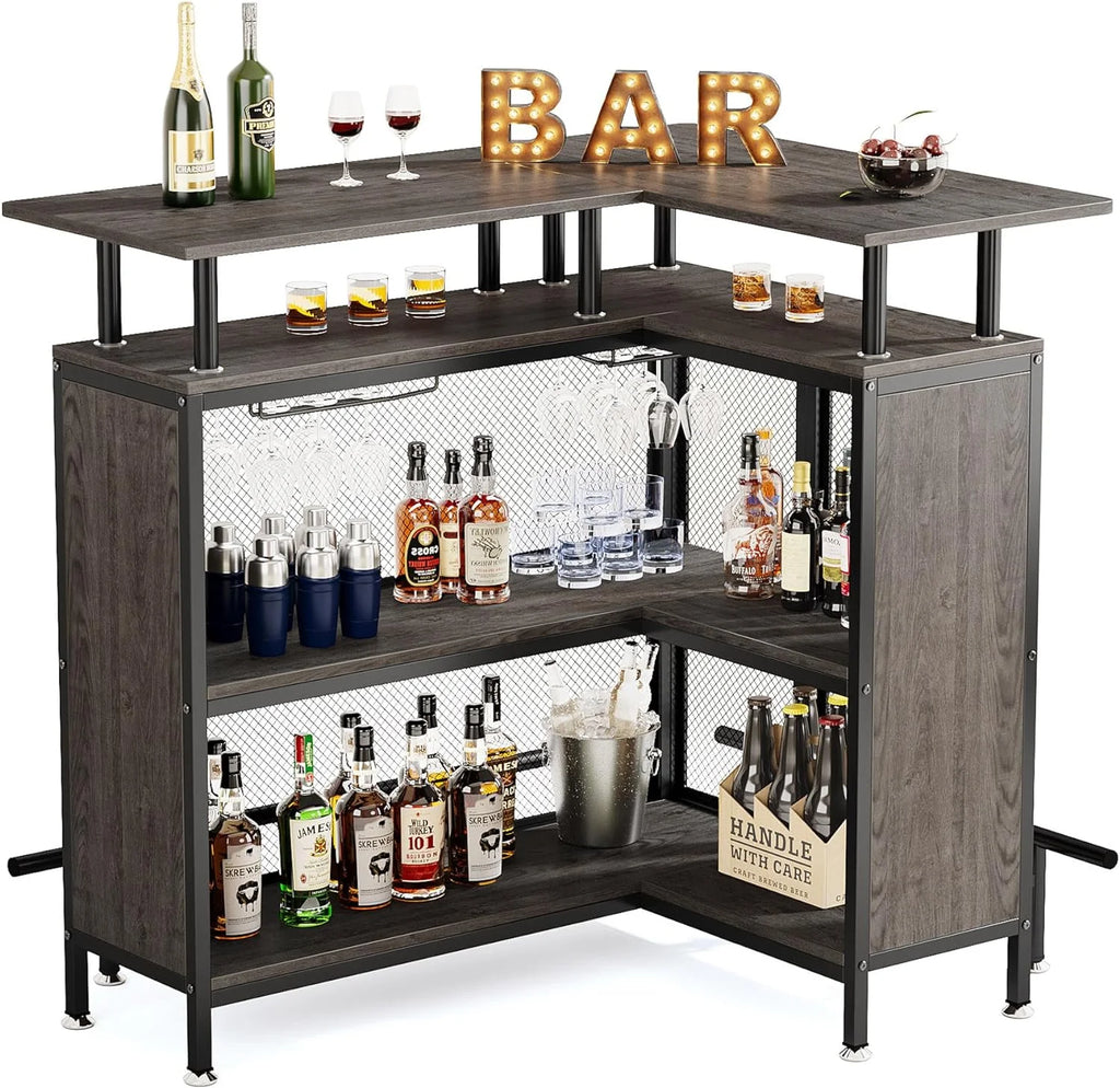 FJU Home Bar Unit, L-shaped Bar Table with Stemware Racks and 2-tier Shelves, Corner Mini Coffee Liquor Cabinet with Footrest for Home/Kitchen/Pub, Gray