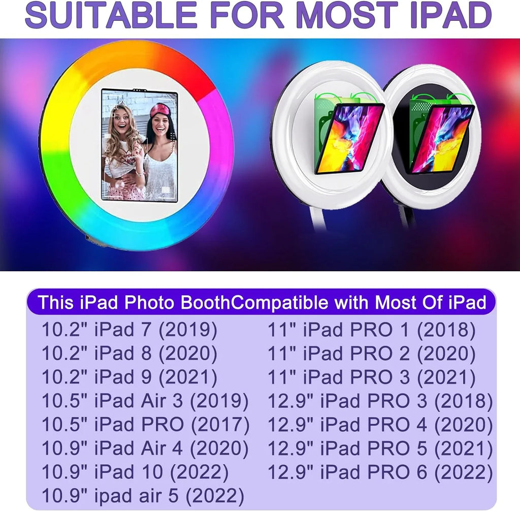 Portable iPad Photo Booth,Selfie photobooth Machine and Sharing Station for 10.2" 10.9" 11" 12.9" iPad,LCD Screen,RGB Ring Light,Remote Control, Adjustable Stan with Flight Case for Parties,Exhibition
