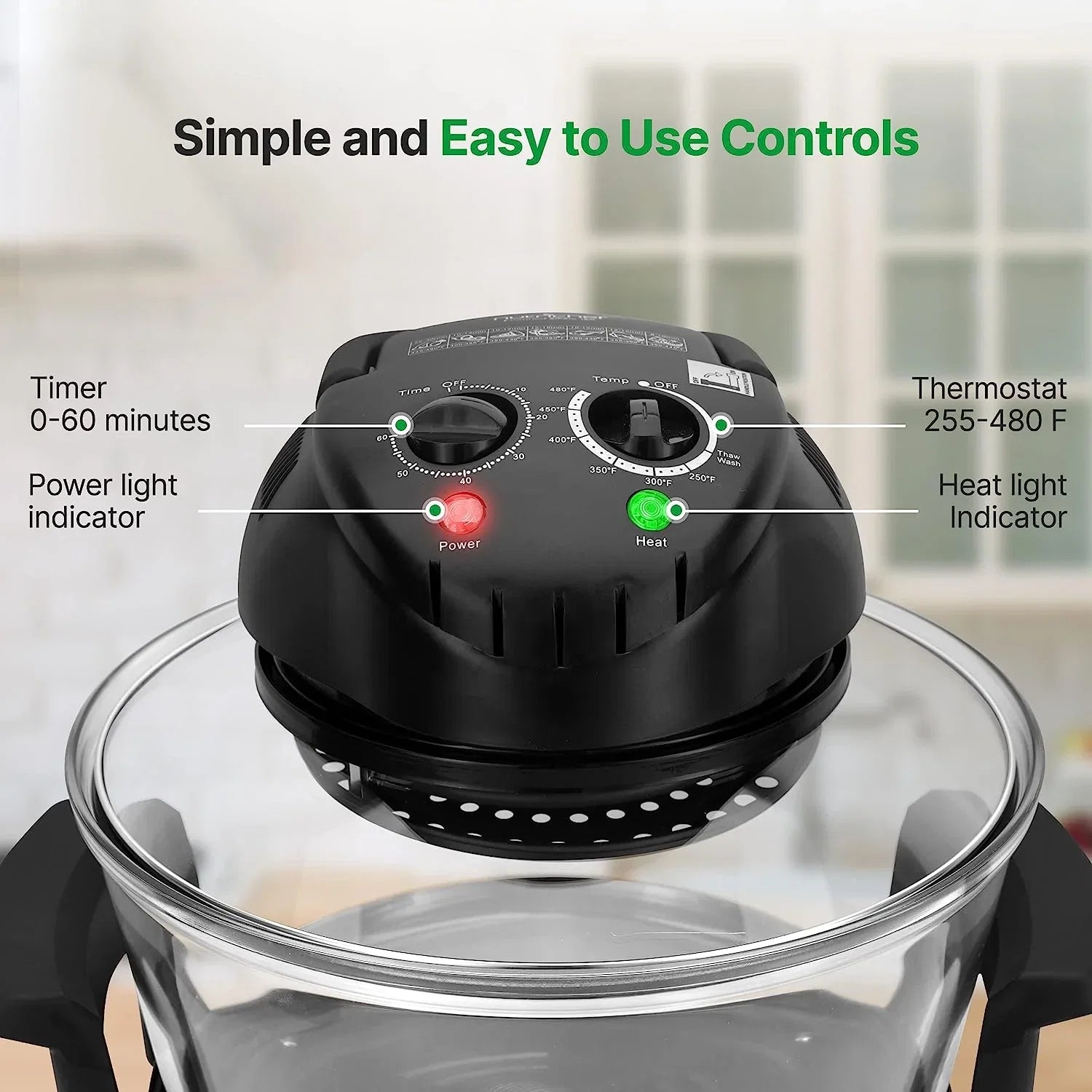 18 Quart Convection Countertop Air Fryer - See through Glass for Best Cooking Results - Air Fryer, Roaster, Bake, Grill, Steam & Roast - Includes Glass Bowl, Broil Rack & Toasting Rack