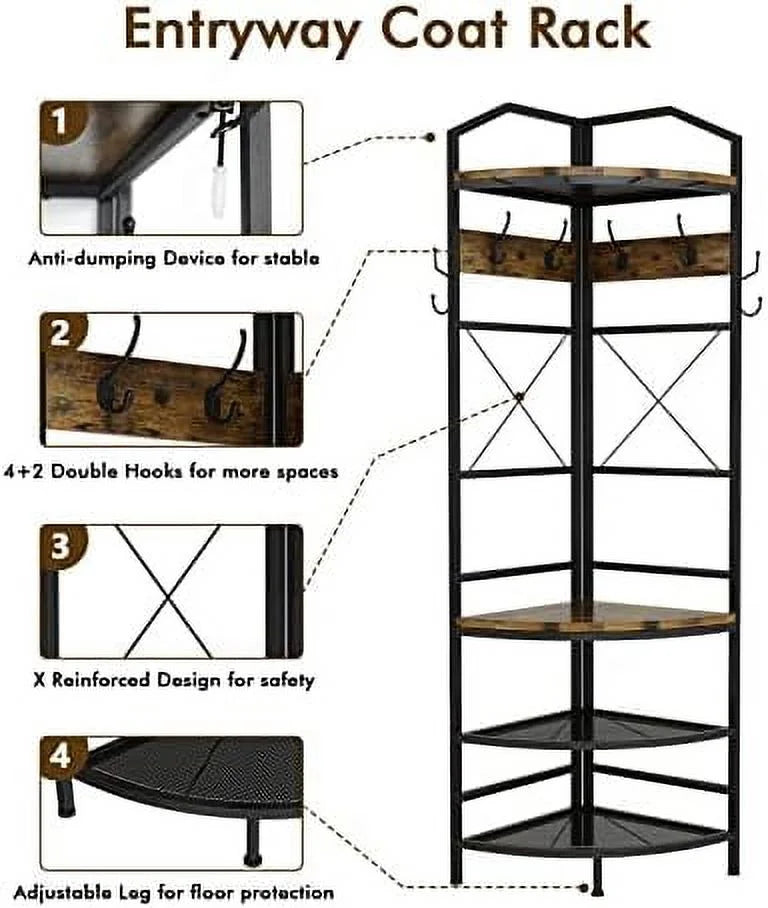 AYFDEGT 3-in-1 Entryway Coat Rack Industrial Hall Tree Corner Cloth Rack with Bench Hallway Coat and Shoe Rack for Corner Entryway Organizer with Metal Shoe for Hallway Corner Entran