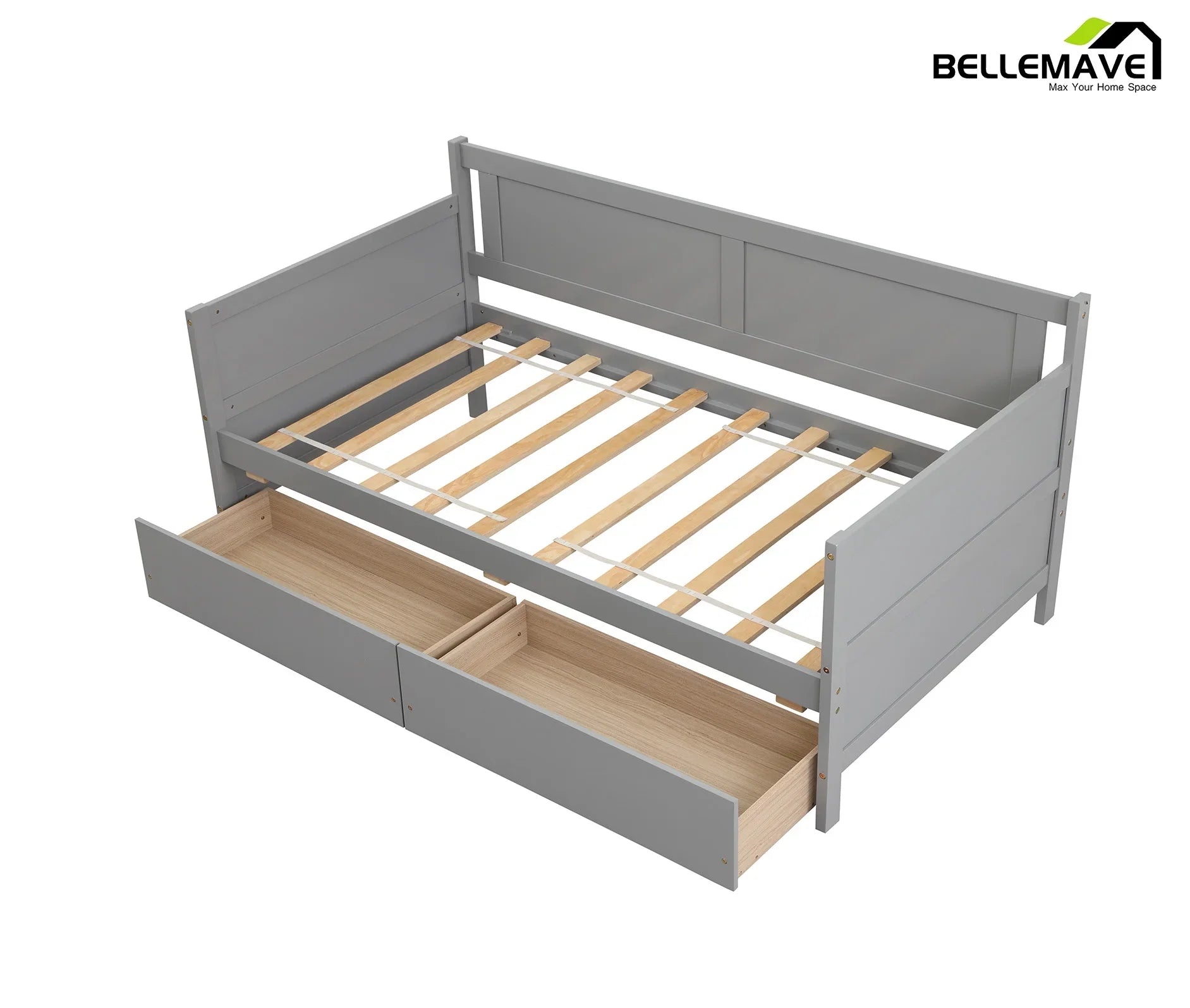 Bellemave Modern Twin Daybed with Storage Drawers Sturdy Wood Bed Frame Sofa Bed with Backrest and Armrest Storage Daybed Sofa Couch for Living Room or Bedroom, Gray