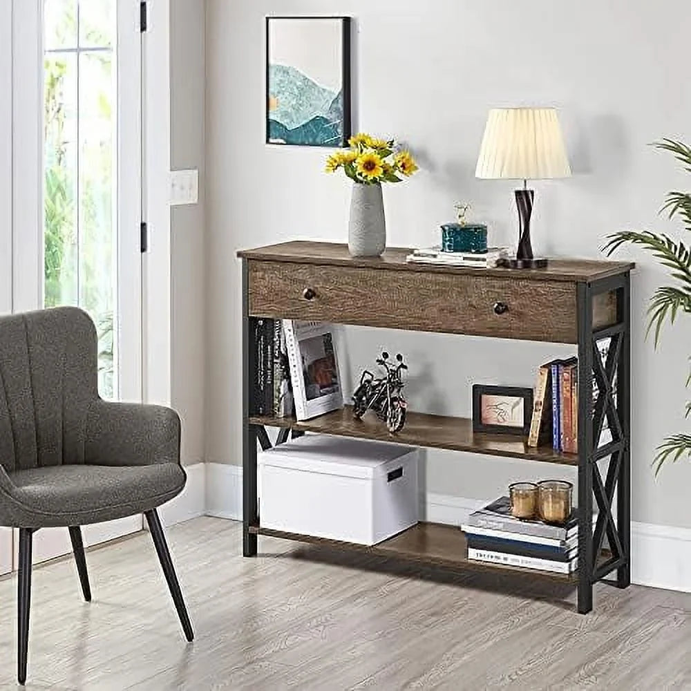 MQLIFEBOOM Console Table with Drawer Entryway Table with 3 Tier Shelves Narrow Long Sofa Table for Entryway Living Room Hallway Couch Kitchen Metal Frame Gray
